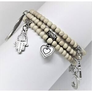 White Bead Charm Bracelet / Necklace hamsa crosses wing moon heart stars